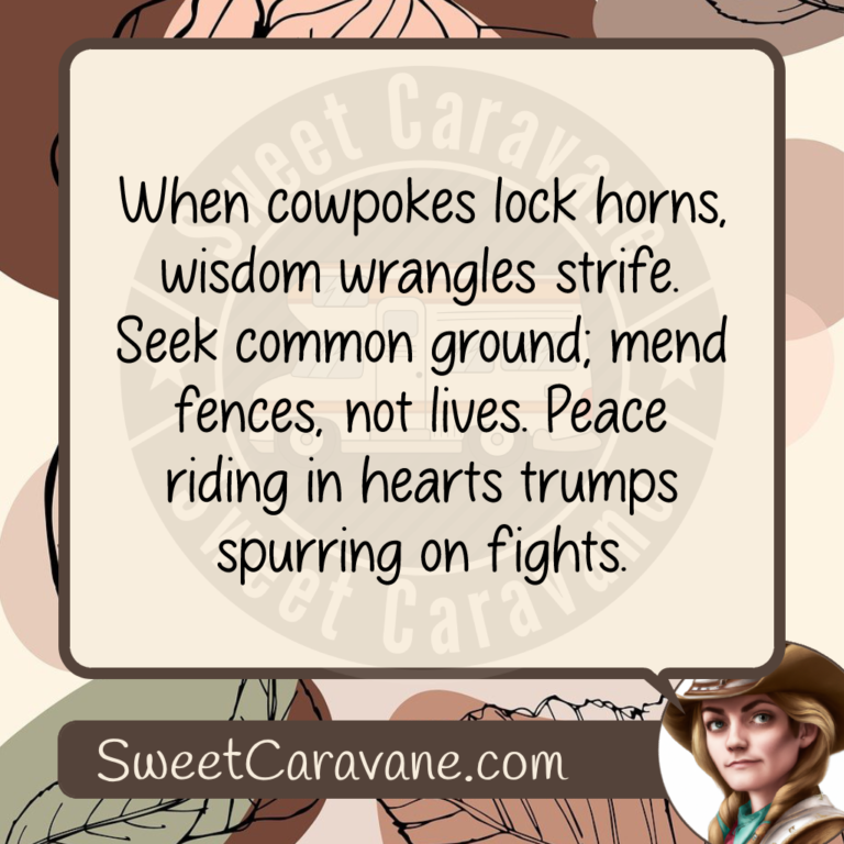 When cowpokes lock horns, wisdom wrangles strife. Seek common ground; mend fences, not lives. Peace riding in hearts trumps spurring on fights.