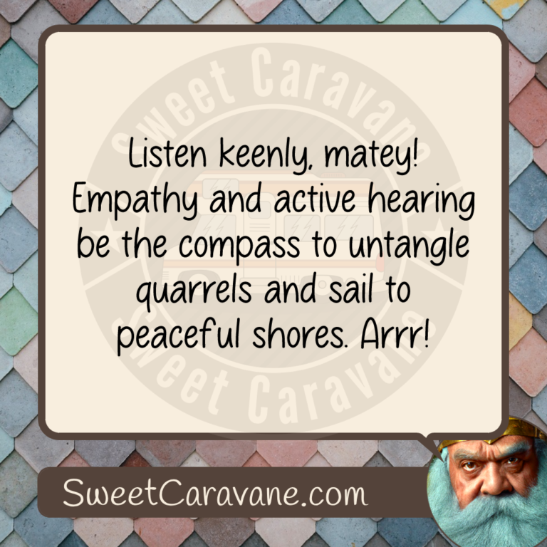 Listen keenly, matey! Empathy and active hearing be the compass to untangle quarrels and sail to peaceful shores. Arrr!