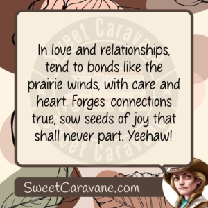 In love and relationships, tend to bonds like the prairie winds, with care and heart. Forges connections true, sow seeds of joy that shall never part. Yeehaw!